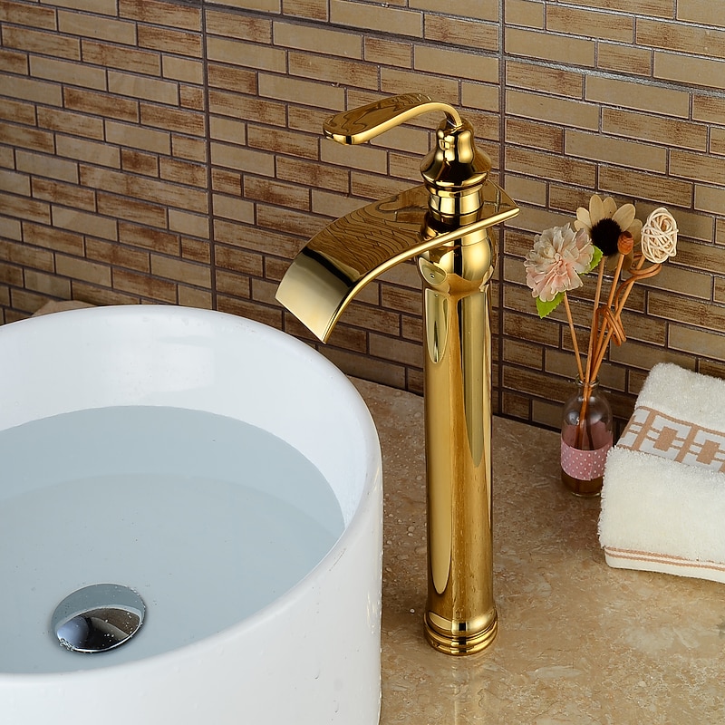 Bathroom Sink Faucet - Waterfall Ti-PVD Centerset Single Handle One HoleBath Taps / Brass4