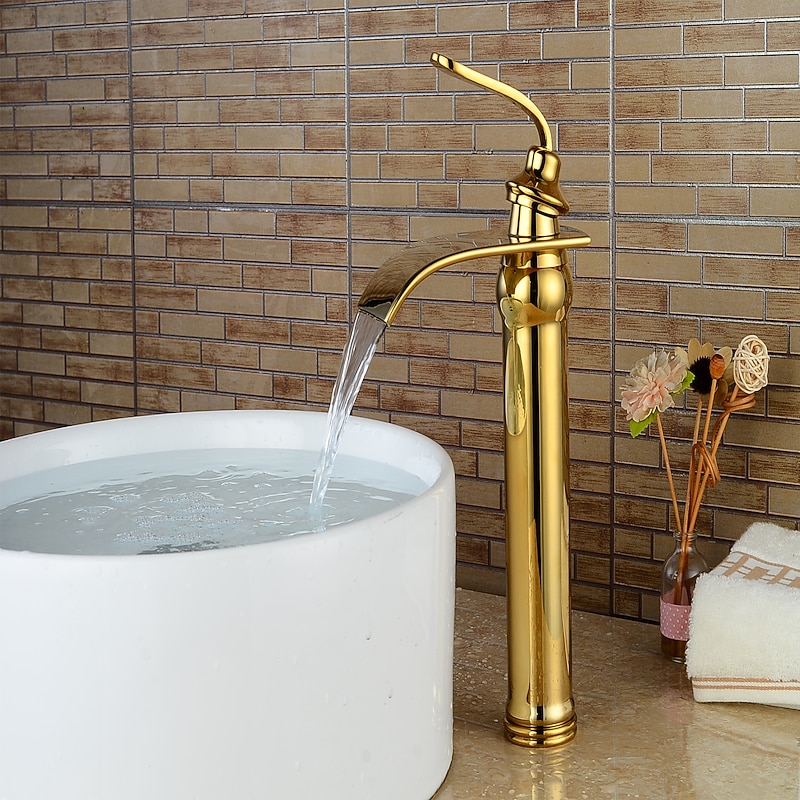 Bathroom Sink Faucet - Waterfall Ti-PVD Centerset Single Handle One HoleBath Taps / Brass3
