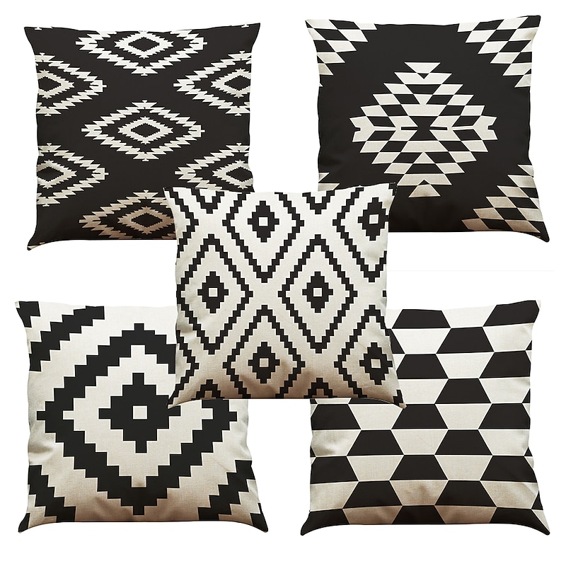 Set of 5 Solid Colored Floral Plaid  Natural / Organic Pillow Cover , Casual Retro Traditional / Classic Throw Pillow Outdoor Cushion for Sofa Couch Bed Chair 45*45CM Black White