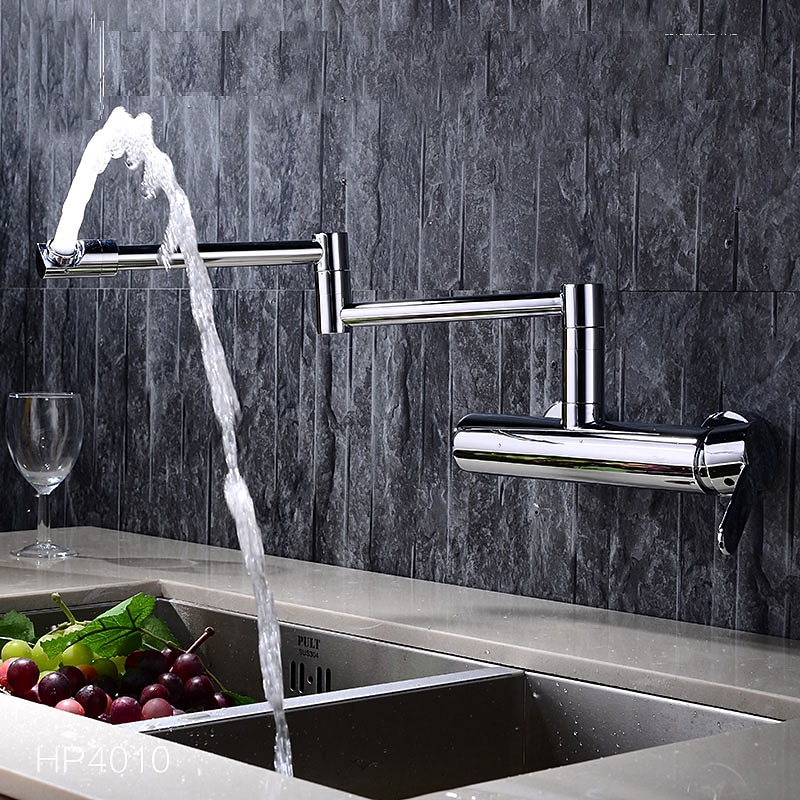 2 Hole Pot Filler Sink Mixer Kitchen Faucet Chrome, Wall Mounted Kitchen taps Brass Folding Kitchen Tap with Cold and Hot Hose, Double Joint Swing Arm Foldable Vessel Water Tap2