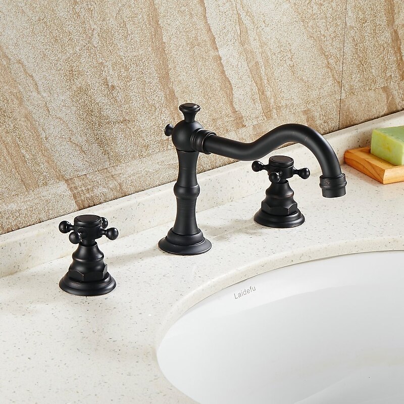 Antique Copper Bathroom Sink Faucet,Widespread Oil-rubbed Bronze Centerset Two Handles Three Holes Bath Taps with Hot and Cold Switch2