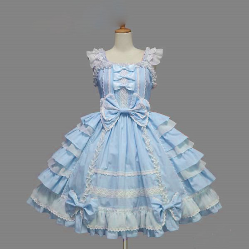 Sweet Lolita Plus Size Vacation Dress Dress JSK / Jumper Skirt Women's Girls' Cotton Japanese Cosplay Costumes Purple / Yellow / Blue Solid Colored Bowknot Cap Sleeve Short Sleeve Short / Mini3