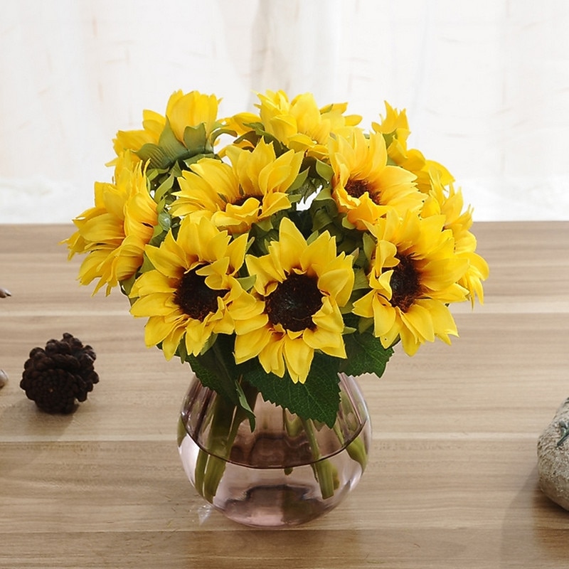 6 Branches Sunflower Artificial Flowers Home Decoration Wedding Supply 8X22cm/3X9",Fake Flowers For Wedding Arch Garden Wall Home Party Hotel Office Arrangement Decoration2