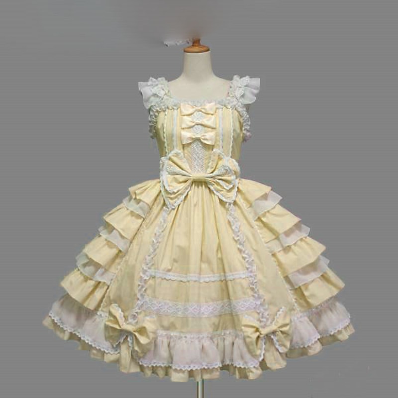 Sweet Lolita Plus Size Vacation Dress Dress JSK / Jumper Skirt Women's Girls' Cotton Japanese Cosplay Costumes Purple / Yellow / Blue Solid Colored Bowknot Cap Sleeve Short Sleeve Short / Mini2