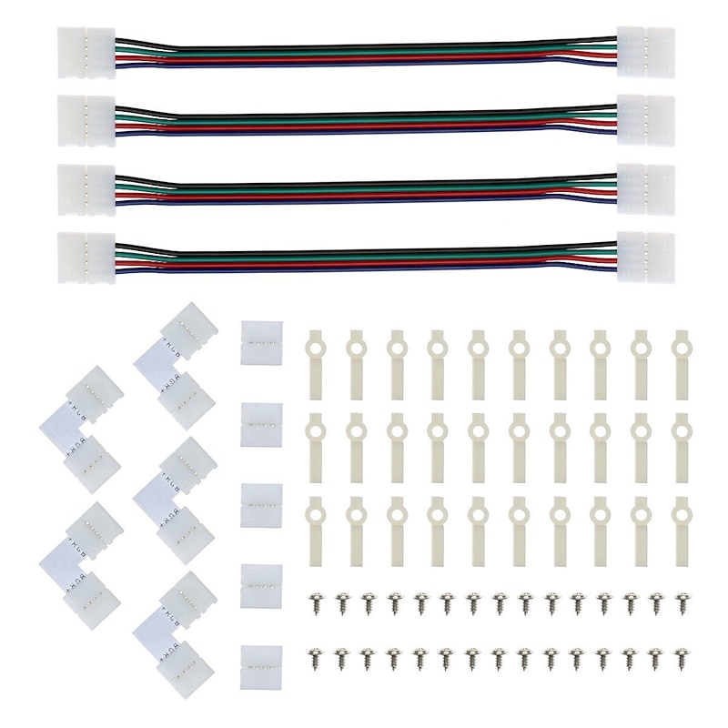 LED Strip Connector and Mount Bracket 5050 RGB Strip Light Connector L Shape Solderless Snap Down 4 Conductor LED RGB Connector for Right Angle Cor - Main Image