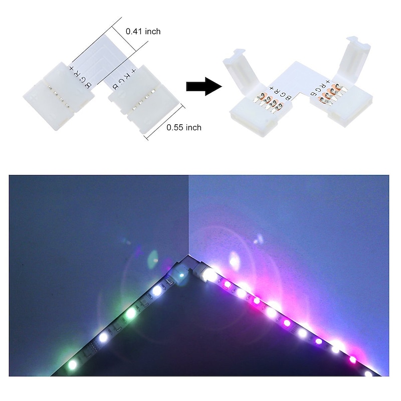 LED Strip Connector and Mount Bracket 5050 RGB Strip Light Connector L Shape Solderless Snap Down 4 Conductor LED RGB Connector for Right Angle Cor4