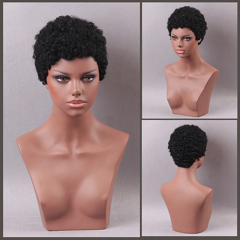 Human Hair Blend Wig Afro Curly Pixie Cut Machine Made Natural Black #1B Medium Brown Dark Wine Daily2