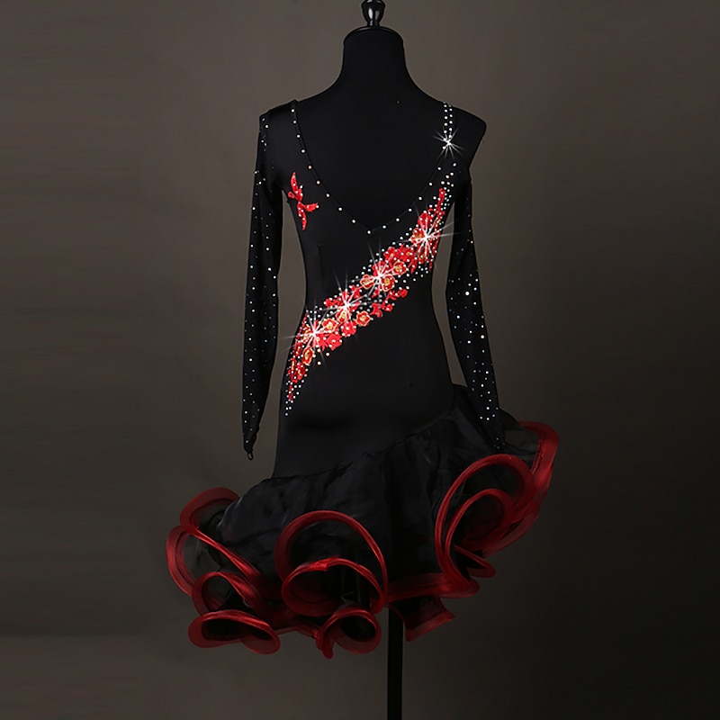 Dance Salsa Latin Dance Dress Crystals / Rhinestones Women's Training Performance Long Sleeve Spandex Organza4