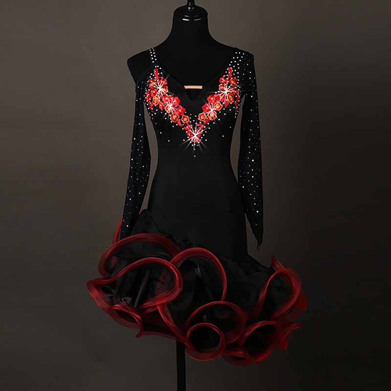 Dance Salsa Latin Dance Dress Crystals / Rhinestones Women's Training Performance Long Sleeve Spandex Organza