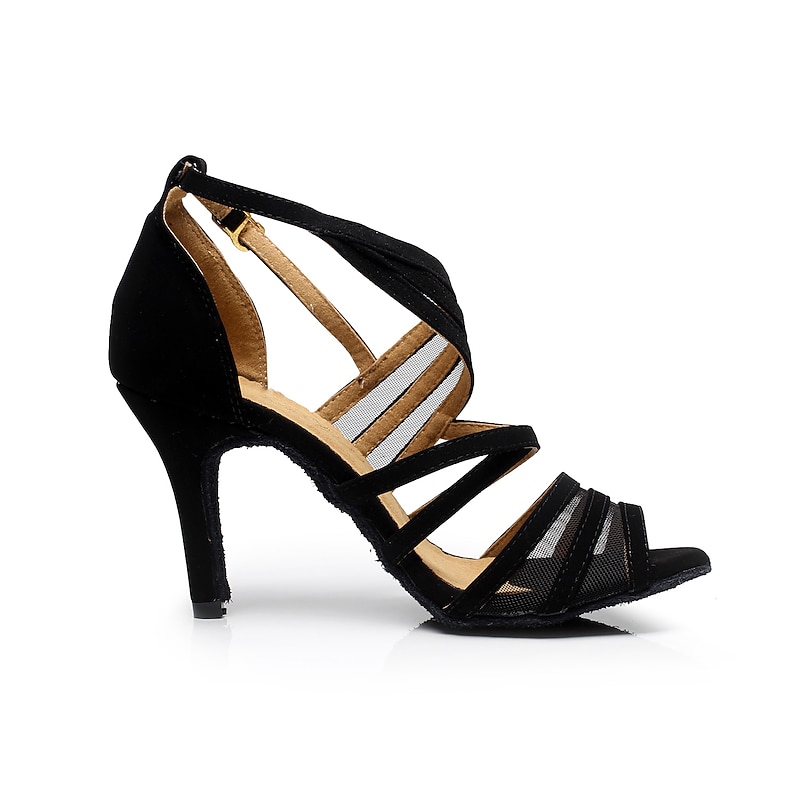 Women's Latin Dance Shoes Ballroom Dance Shoes Salsa Shoes Line Dance Practice Satin Sandal Tulle High Heel Buckle Ankle Strap Black3