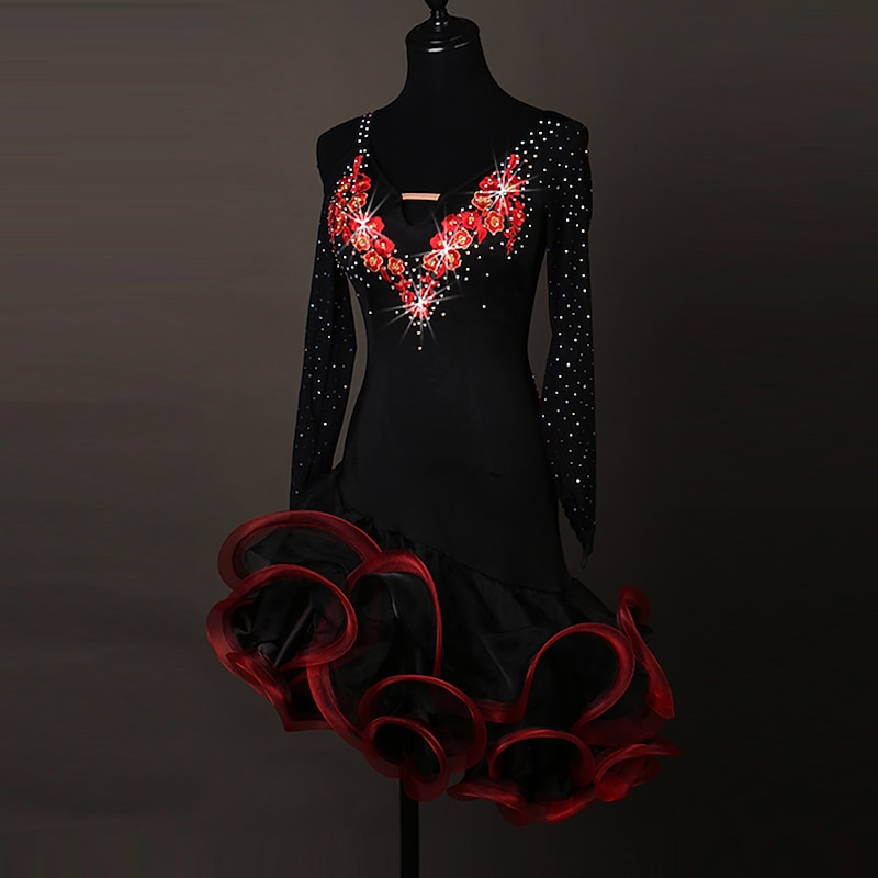 Dance Salsa Latin Dance Dress Crystals / Rhinestones Women's Training Performance Long Sleeve Spandex Organza3