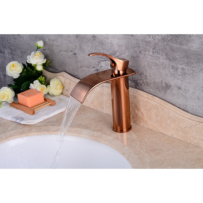 Bathroom Sink Faucet,Modern Style Single Handle Rose Golden One Hole Waterfall,Oil-rubbed Cooper with Drain and Brass Faucet Body with Hot and Cold Water and Pop-up Drain3