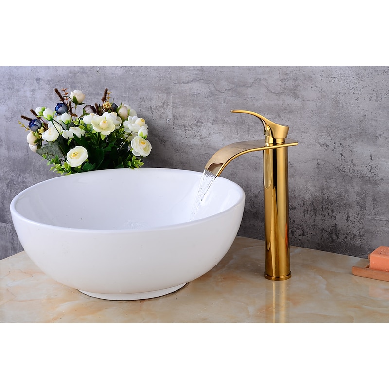 Bathroom Faucet Set,Retro Style Brass Waterfall Golden Centerset Tall Waterfall Single Handle One Hole Bath Taps with Hot and Cold Water Switch and Pop-up Drain2