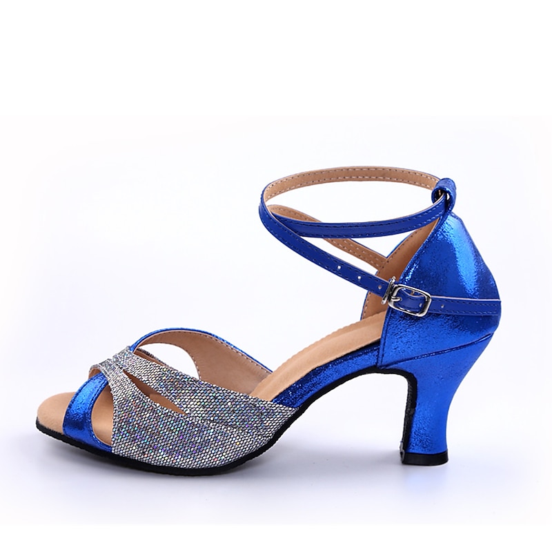 Blue Glitter Latin Dance Shoes for Women – Strappy Ankle Heels with Rhinestones for Ballroom Salsa Performance and Practice