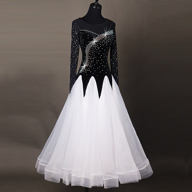 Ballroom Dance Dress Appliques Splicing Paillette Women's Performance Long Sleeve High Chinlon2
