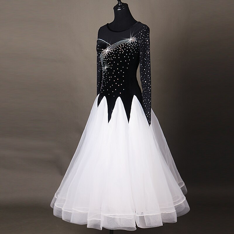Ballroom Dance Dress Appliques Splicing Paillette Women's Performance Long Sleeve High Chinlon4