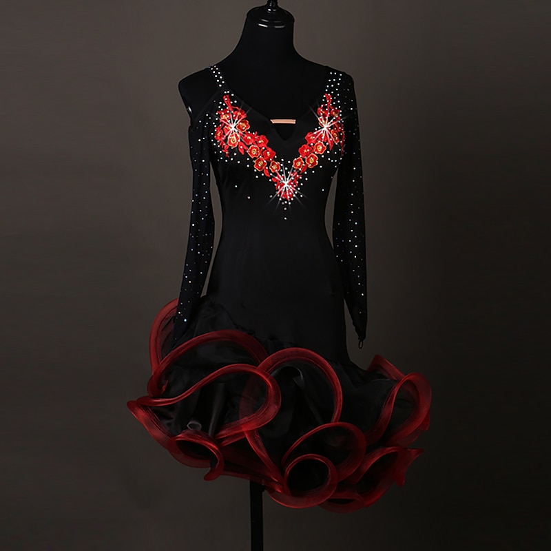 Dance Salsa Latin Dance Dress Crystals / Rhinestones Women's Training Performance Long Sleeve Spandex Organza2