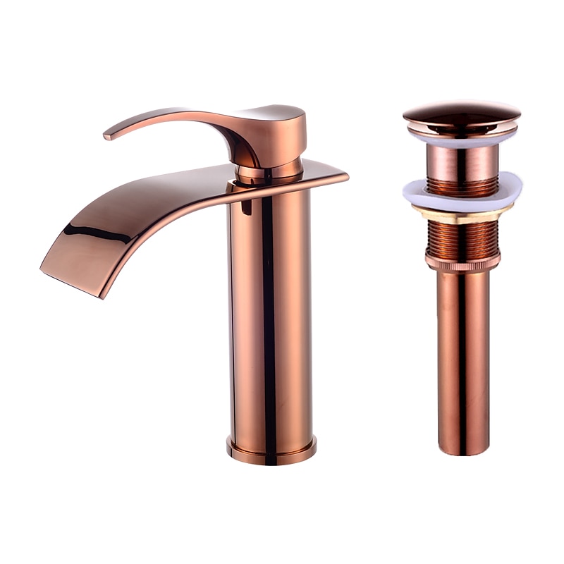 Bathroom Sink Faucet,Modern Style Single Handle Rose Golden One Hole Waterfall,Oil-rubbed Cooper with Drain and Brass Faucet Body with Hot and Cold Water and Pop-up Drain2