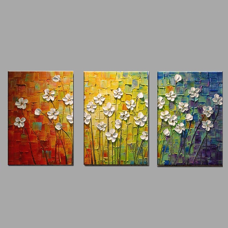 Oil Painting Hand Painted - Floral Botanical Pastoral Modern Canvas Three Panels 50 x 40 cm3