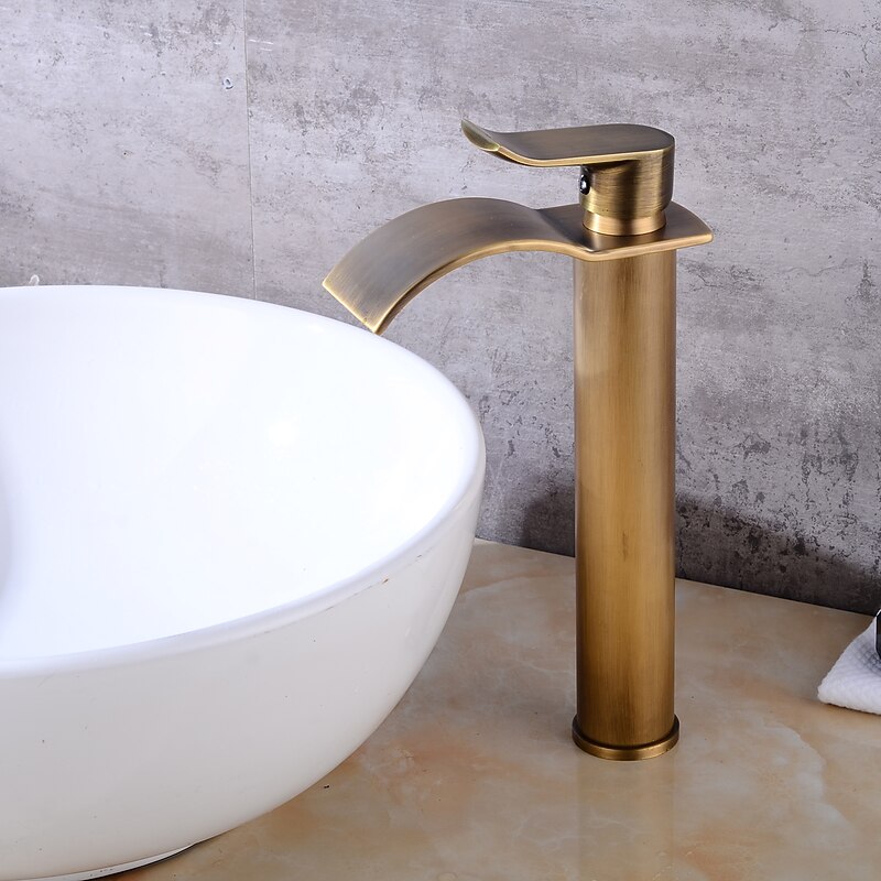 Antique Copper Bathroom Sink Faucet,Golden Waterfall Single Handle One Hole Bath Taps with Hot and Cold Water Switch3