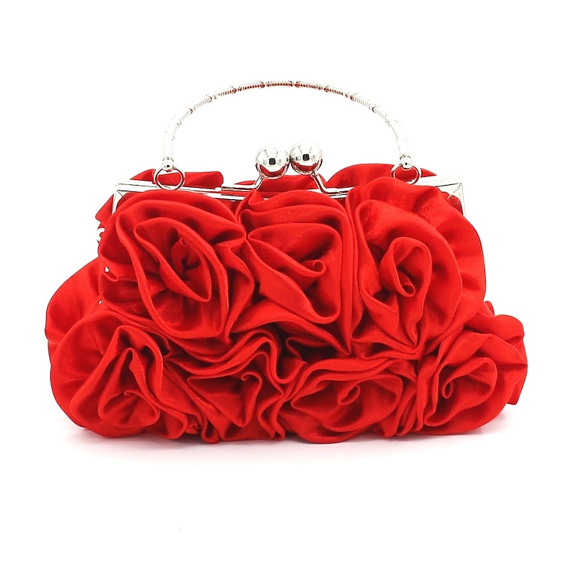 Elegant Red Floral Evening Clutch Bag – Vintage Rose Design with Silver Handle for Weddings, Proms, and Formal Events