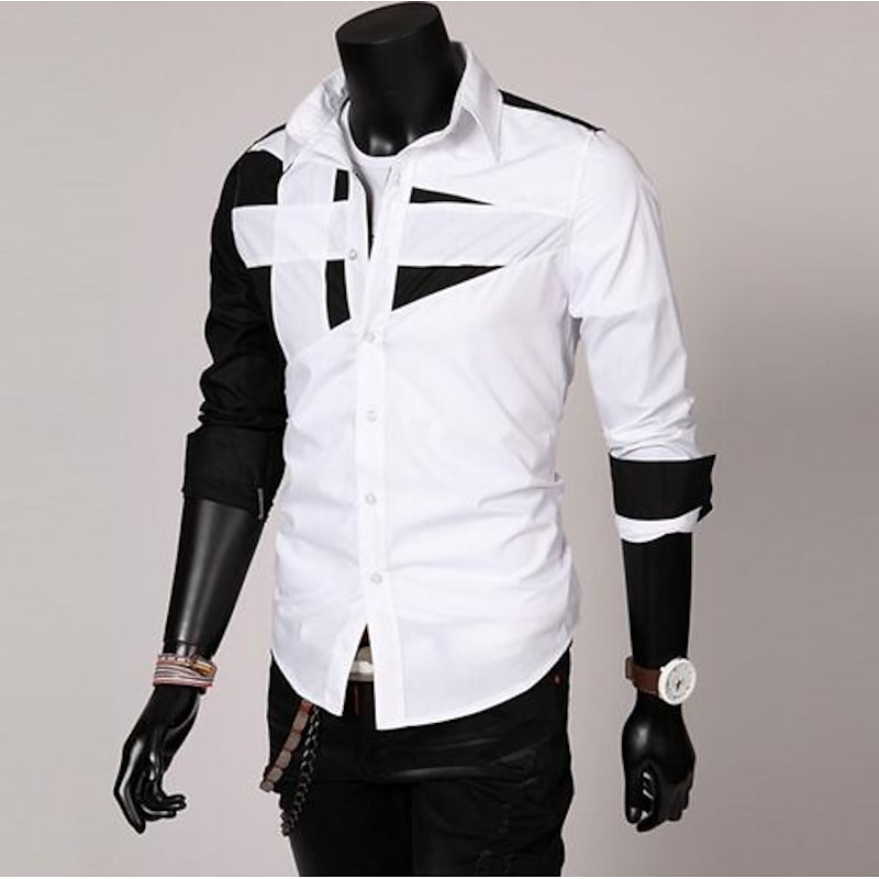Men's Dress Shirt Collared Shirt Button Up Shirt Color Block Wedding Daily Black White Red Gray Long Sleeve Classic Collar All Seasons Clothing Apparel