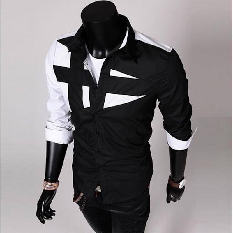 Men's Dress Shirt Collared Shirt Button Up Shirt Color Block Wedding Daily Black White Red Gray Long Sleeve Classic Collar All Seasons Clothing Apparel3
