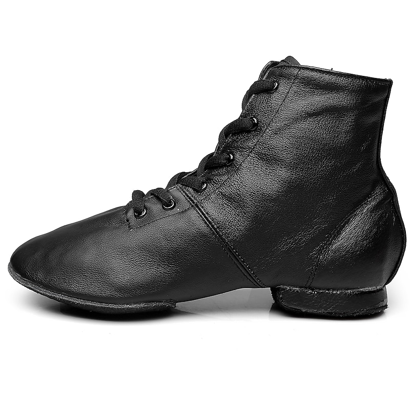 Women's Jazz Shoes Ballroom Dance Shoes Salsa Shoes Line Dance Performance Boots Split Sole Soft Flat Heel Lace-up Elastic Black2