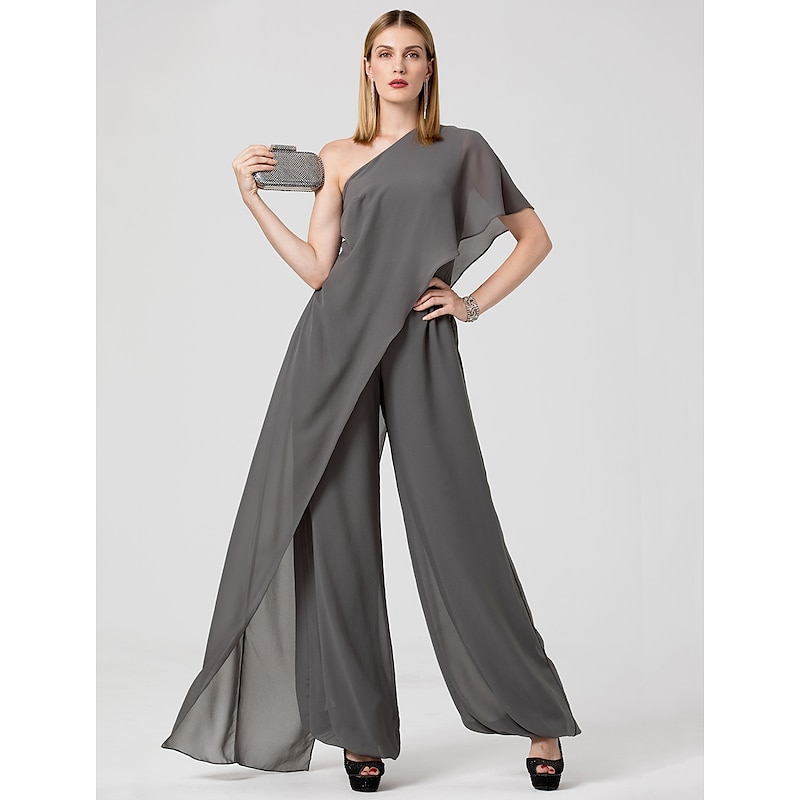 Jumpsuits Sexy Dress Formal Evening Floor Length Sleeveless One Shoulder Fall Wedding Guest Chiffon with Draping