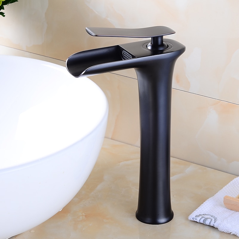 Brass Faucet Set,Waterfall Black Oxide Finish Deck Mounted Single Handle One Hole Bath Taps with Hot and Cold Switch3