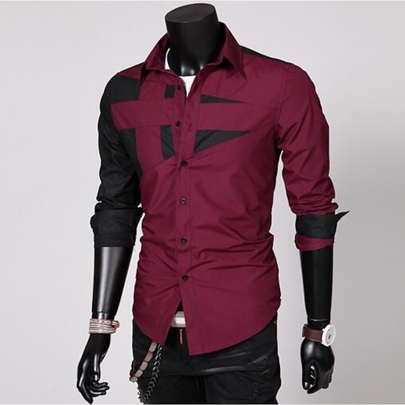 Men's Dress Shirt Collared Shirt Button Up Shirt Color Block Wedding Daily Black White Red Gray Long Sleeve Classic Collar All Seasons Clothing Apparel2