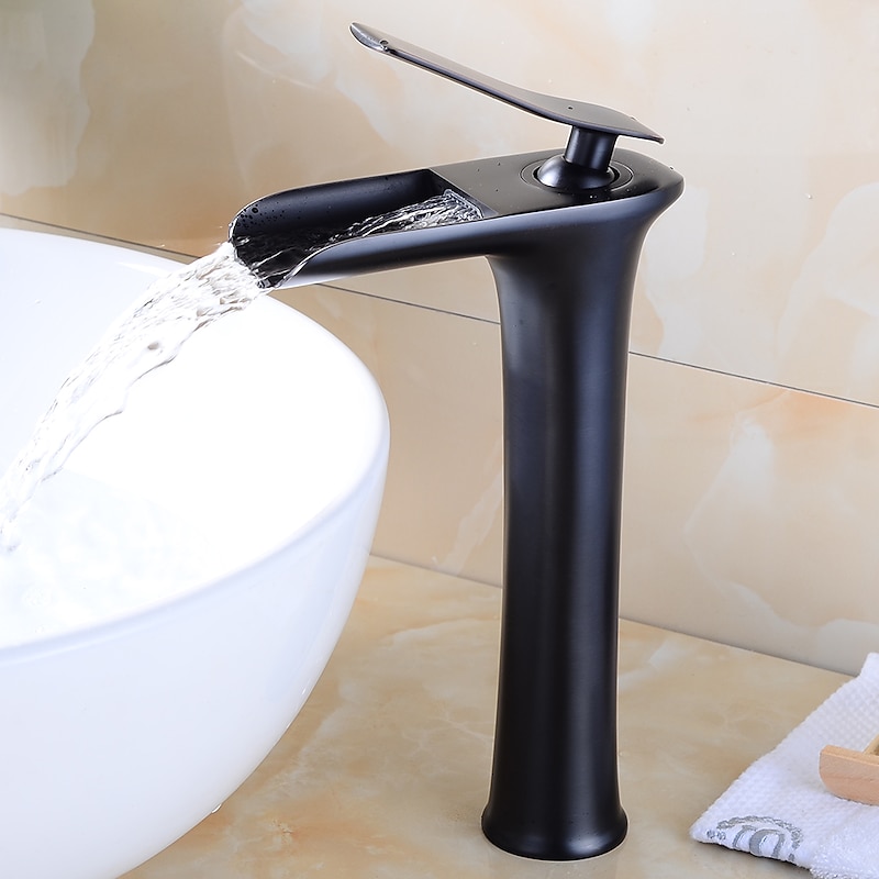 Brass Faucet Set,Waterfall Black Oxide Finish Deck Mounted Single Handle One Hole Bath Taps with Hot and Cold Switch2