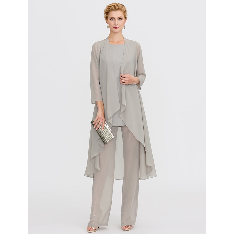 Beach Wedding Pantsuit 3 Piece Mother of the Bride  Wedding Guest Elegant Plus Size Included Bateau Neck Floor Length Chiffon Sleeveless Jacket es with Solid Color4