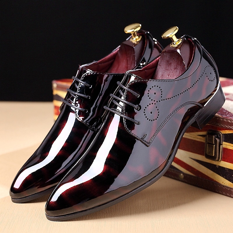 Men's Glossy Burgundy Patent Faux Leather Lace-Up Dress Shoes with Brogue Detailing - Formal Oxford Shoes for Weddings, Parties, and Business Events2