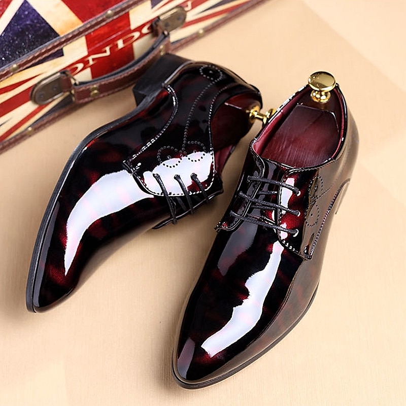 Men's Glossy Burgundy Patent Faux Leather Lace-Up Dress Shoes with Brogue Detailing - Formal Oxford Shoes for Weddings, Parties, and Business Events4