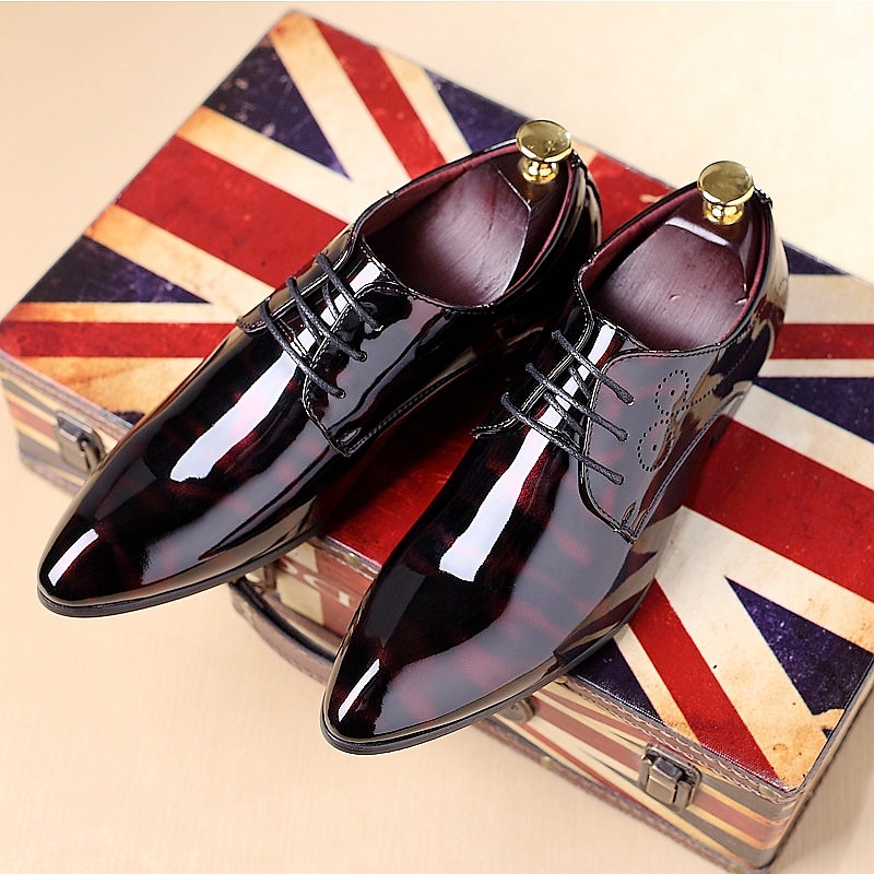 Men's Glossy Burgundy Patent Faux Leather Lace-Up Dress Shoes with Brogue Detailing - Formal Oxford Shoes for Weddings, Parties, and Business Events3