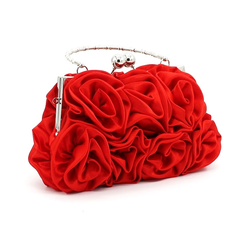 Elegant Red Floral Evening Clutch Bag – Vintage Rose Design with Silver Handle for Weddings, Proms, and Formal Events2