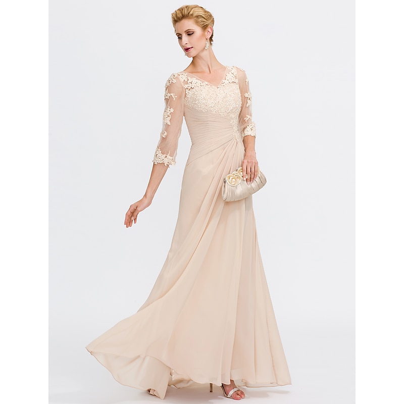 Beach Wedding A-Line Mother of the Bride Dress Wedding Guest Elegant Plus Size See Through V Neck Floor Length Chiffon Half Sleeve with Appliques Side Draping4