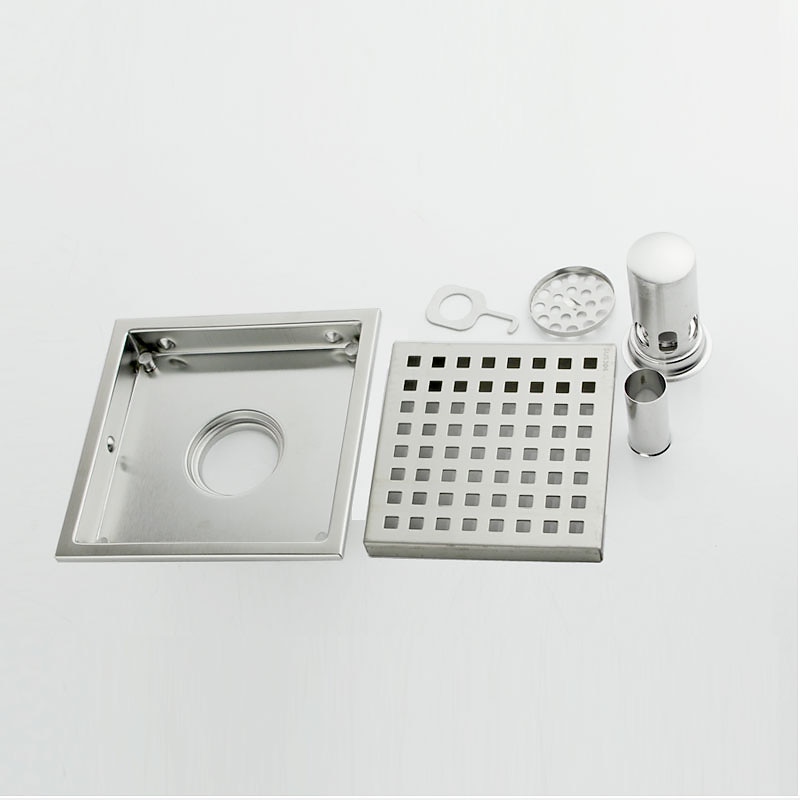 6 inch Square Shower Floor Drain Set, Removable Stainless Steel Cover Tile Insert Grate, Hair Catcher Strainer with Seal and Lifting Hook Bathroom2