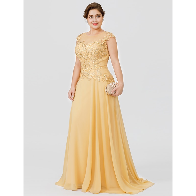 A-Line Mother of the Bride Dress Wedding Guest Elegant Plus Size Illusion Neck Sweep / Brush Train Chiffon Beaded Lace Short Sleeve No with Bow(s) Pleats