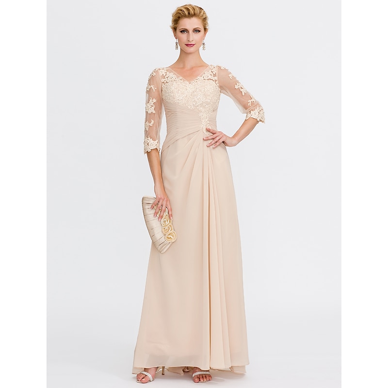 Beach Wedding A-Line Mother of the Bride Dress Wedding Guest Elegant Plus Size See Through V Neck Floor Length Chiffon Half Sleeve with Appliques Side Draping2