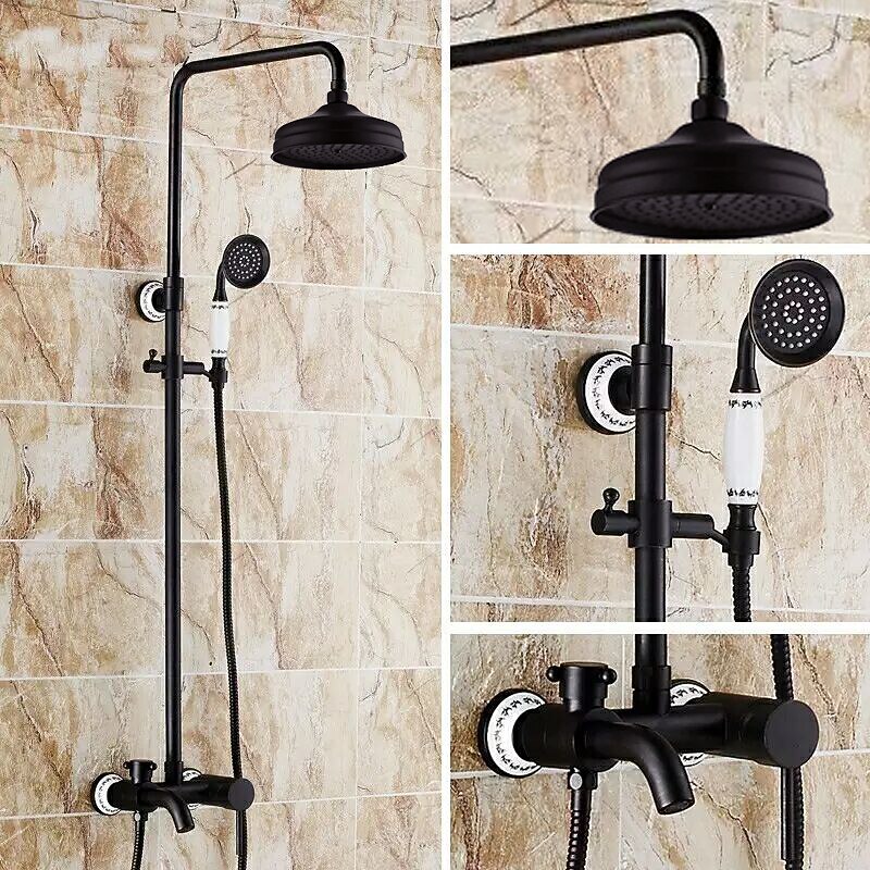 Shower Faucet,Shower System Set,Brass Rainfall Antique Oil-rubbed Bronze Shower System Ceramic Valve Two Handles Three Holes Bath Shower Mixer Taps with Hot and Cold Switch