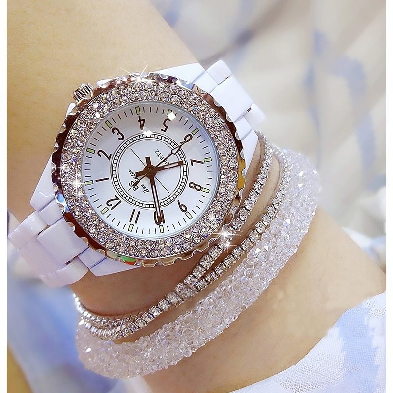 Women Quartz Watch Luxury Elegant Diamond Rhinestones Analog Quartz Wristwatch with Bracelet Set Waterproof Stainless Steel Ceramic Ladies Quartz Watch3