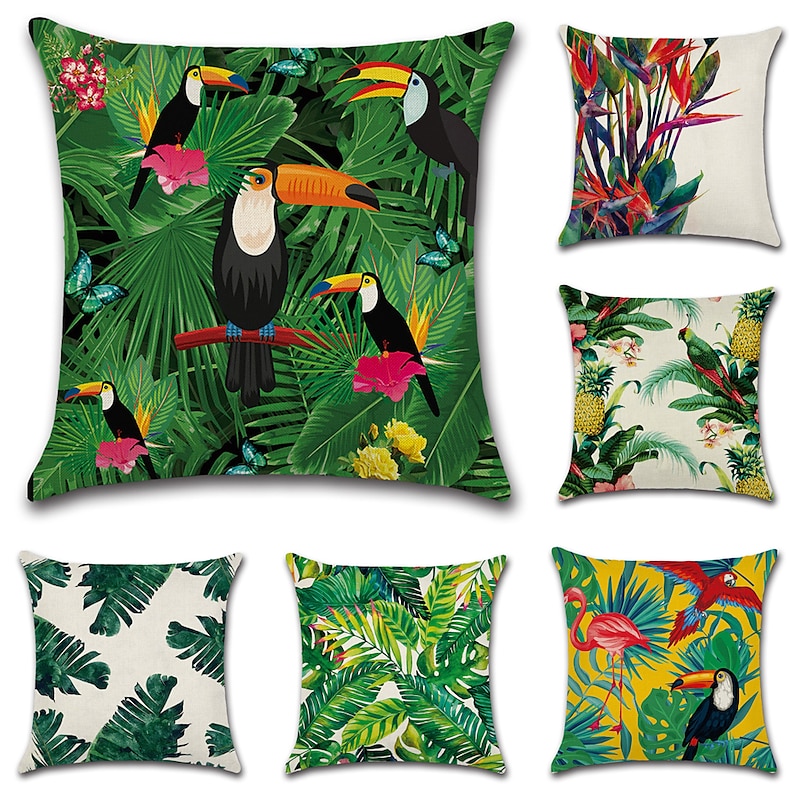Set of 6 Pillow Covers Botanical Tropcial Birds Throw Pillow Outdoor Cushion for Livingroom Sofa Couch Bed Chair Green