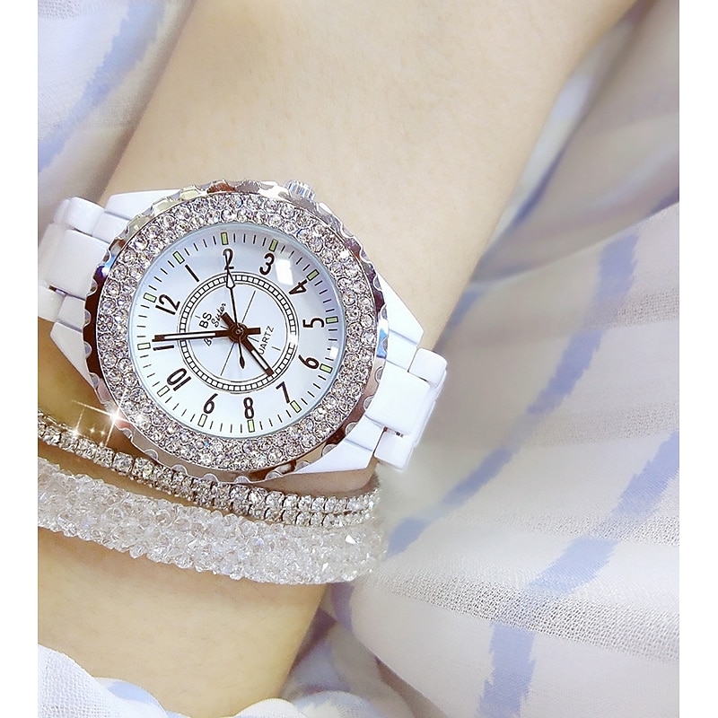 Women Quartz Watch Luxury Elegant Diamond Rhinestones Analog Quartz Wristwatch with Bracelet Set Waterproof Stainless Steel Ceramic Ladies Quartz Watch4