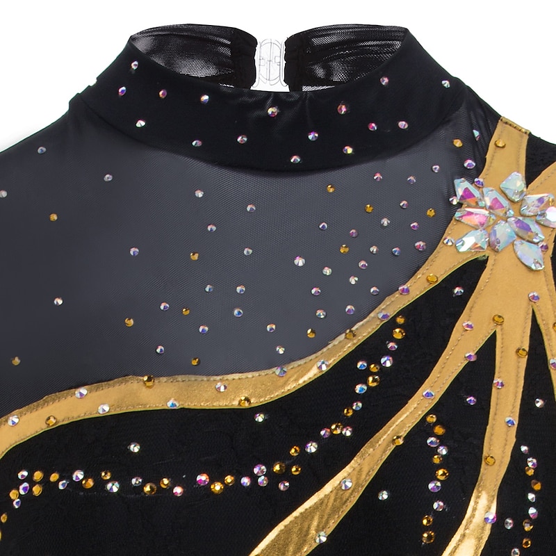 Figure Skating Dress Women's Girls' Ice Skating Dress Outfits Black Purple Sky Blue Spandex Lace Leisure Sports Competition Skating Wear Handmade Solid Colored Fashion Long Sleeve Ice Skating Figure4