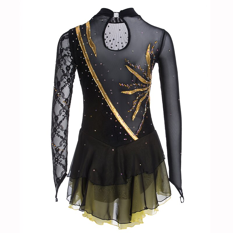 Figure Skating Dress Women's Girls' Ice Skating Dress Outfits Black Purple Sky Blue Spandex Lace Leisure Sports Competition Skating Wear Handmade Solid Colored Fashion Long Sleeve Ice Skating Figure3