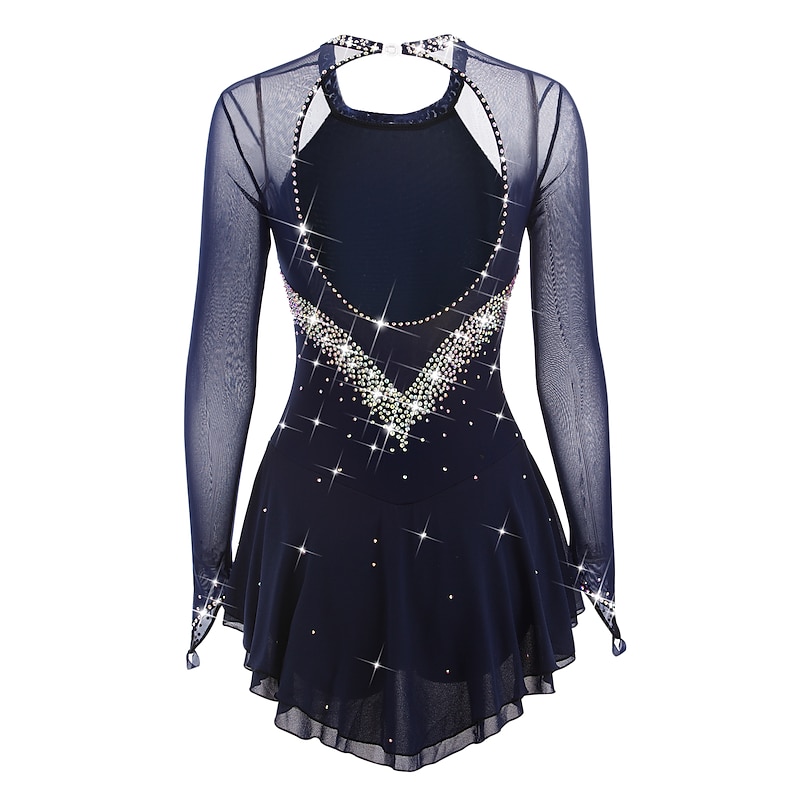 Figure Skating Dress Women's Girls' Ice Skating Dress Black White Yellow Open Back Mesh Spandex High Elasticity Practice Competition Skating Wear Jeweled Rhinestone Long Sleeve Ice Skating Figure4