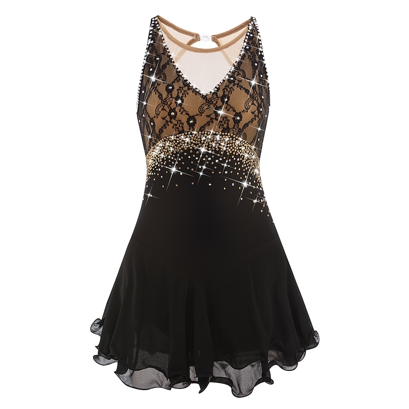 Figure Skating Dress Women's Girls' Ice Skating Dress Dark purple White Yellow Open Back Mesh Spandex Lace High Elasticity Competition Skating Wear Jeweled Rhinestone Sleeveless Ice Skating Figure3