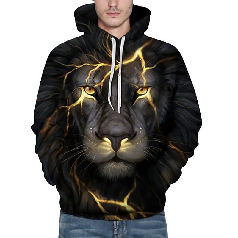 Men's Animal Lion 3D Hoodie Hoodies Sweatshirt Active Long Sleeve Hooded Weekend Denim Blue Black Print Fall Winter Designer